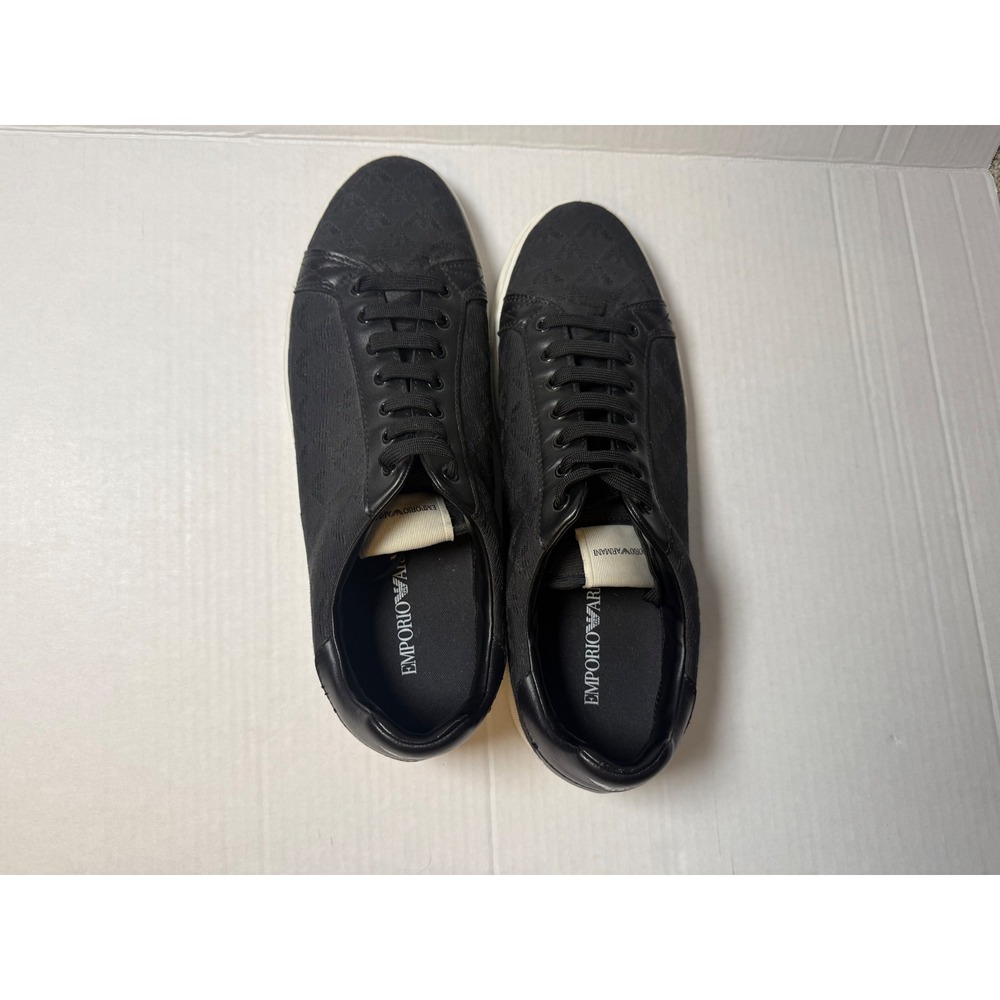 Emporio Armani Mens Black Jacquard Eagle Logo Low Top Sneakers Leather Trim 13 - Picture 5 of 9